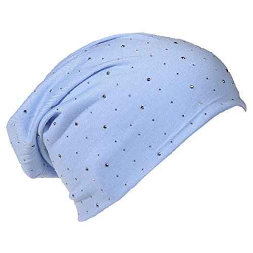 StrassNieten Jersey Slouch Beanie Long Mütze mit edler Strass-Nieten Applikation Unisex Unifarbe Herren Damen Trend Babyblau von Miobo
