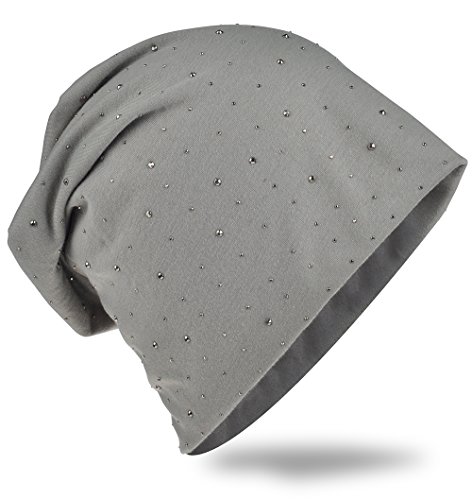 Miobo Jersey Slouch Beanie Long Mütze mit edler Strass Nieten Applikation Unisex Unifarbe Herren Damen Trend,Grau von Miobo