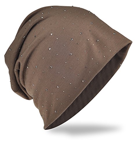 Miobo Jersey Slouch Beanie Long Mütze mit edler Strass Nieten Applikation Unisex Unifarbe Herren Damen Trend,Graubraun von Miobo