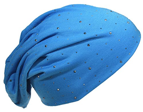 StrassNieten Jersey Slouch Beanie Long Mütze mit edler Strass-Nieten Applikation Unisex Unifarbe Herren Damen Trend Lichtblau von Miobo