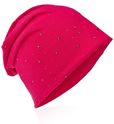 Miobo StrassNieten Jersey Slouch Beanie Long Mütze mit edler Strass-Nieten Applikation Unisex Unifarbe Herren Damen Trend Pink von Miobo