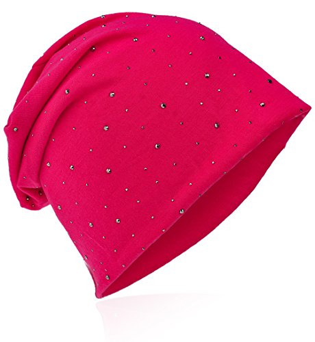 Miobo Jersey Slouch Beanie Long Mütze mit edler Strass Nieten Applikation Unisex Unifarbe Herren Damen Trend,Pink von Miobo