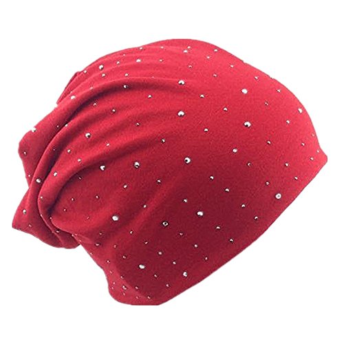 Miobo StrassNieten Jersey Slouch Beanie Long Mütze mit edler Strass-Nieten Applikation Unisex Unifarbe Herren Damen Trend Rot von Miobo