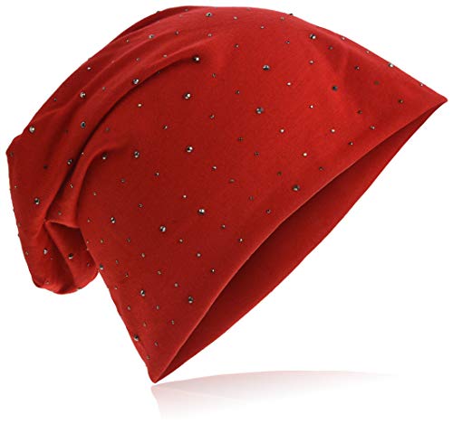 Miobo Jersey Slouch Beanie Long Mütze mit edler Strass Nieten Applikation Unisex Unifarbe Herren Damen Trend,Rot von Miobo
