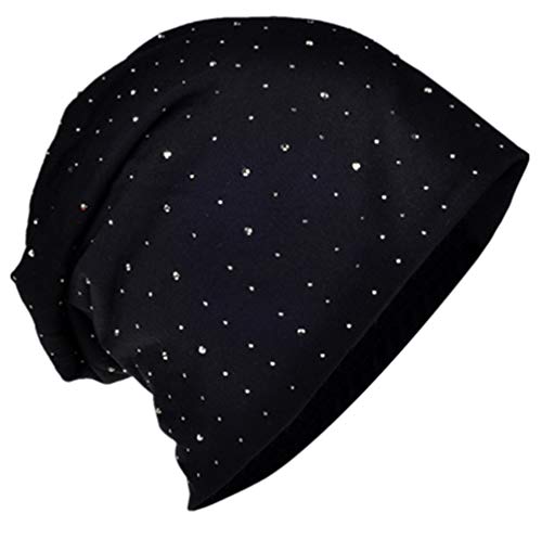 Miobo StrassNieten Jersey Slouch Beanie Long Mütze mit edler Strass-Nieten Applikation Unisex Unifarbe Herren Damen Trend Schwarz von Miobo