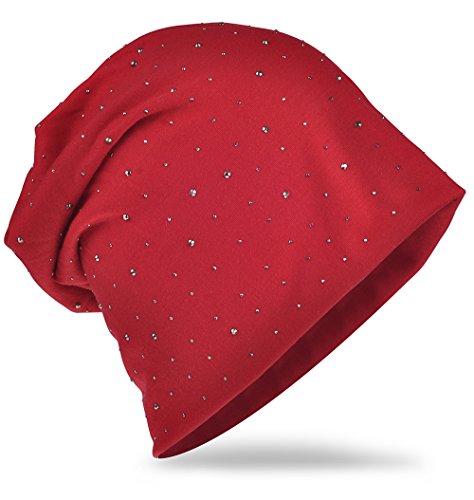 Miobo Jersey Slouch Beanie Long Mütze mit edler Strass Nieten Applikation Unisex Unifarbe Herren Damen Trend,Weinrot von Miobo