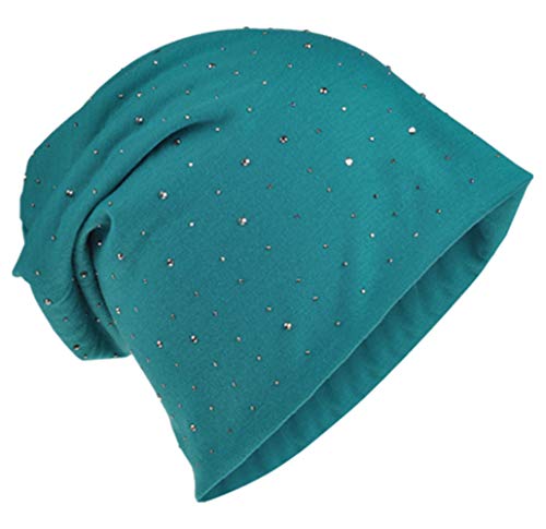 Miobo Jersey Slouch Beanie Long Mütze mit edler Strass Nieten Applikation Unisex Unifarbe Herren Damen Trend,Petrol von Miobo