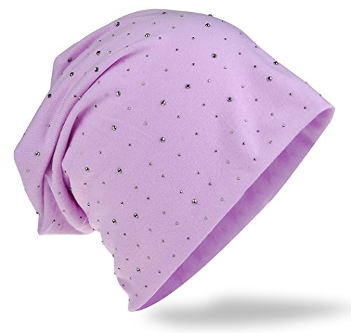 Miobo Jersey Slouch Beanie Long Mütze mit edler Strass Nieten Applikation Unisex Unifarbe Herren Damen Trend,Flieder von Miobo