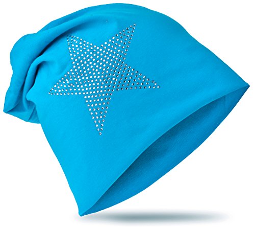 Miobo Kinder Slouch Beanie Mütze,Baumwolle,Strass Stern Lichtblau 48 von Miobo