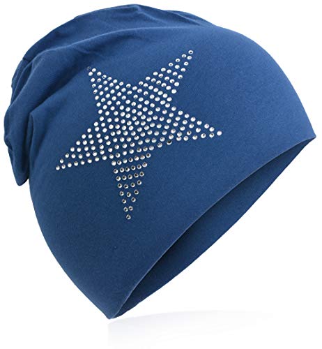 StrassStern Baby Kinder Jersey Slouch Beanie Long Mütze mit Strass Stern Unisex Baumwolle Trend StrassStern-Meerblau-43 von Miobo