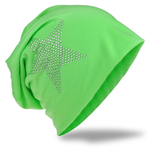 Jersey Slouch Beanie Long Mütze Stern mit Strass Stern Applikation Grasgruen von Miobo