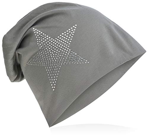 Jersey Slouch Beanie Long Mütze Stern mit Strass Applikation Unisex Unifarbe Herren Damen Trend, Grau, Einheitsgröße von Miobo