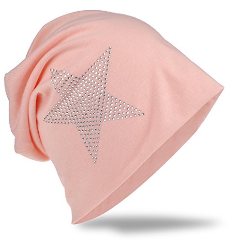 Jersey Slouch Beanie Long Mütze Stern mit Strass Stern Applikation Lachs von Miobo