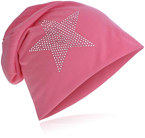 Jersey Slouch Beanie Long Mütze Stern mit Strass Stern Applikation Rosa von Miobo