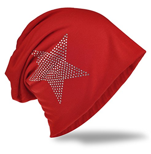 Miobo Jersey Slouch Beanie Long Mütze Stern mit Strass Stern Applikation,Rot von Miobo