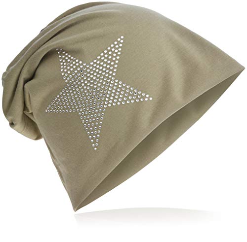 Jersey Slouch Beanie Long Mütze Stern mit Strass Stern Applikation Sand von Miobo