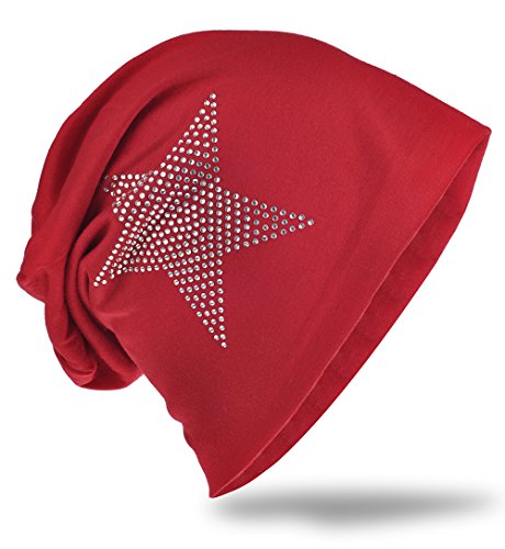 Miobo Jersey Slouch Beanie Long Mütze Stern mit Strass Stern Applikation,Weinrot von Miobo
