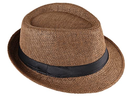 Strohhut Panama Fedora Trilby Gangster Hut Sonnenhut mit Stoffband Farbe:-Braun (Strohhut) Gr:-54 von Miobo