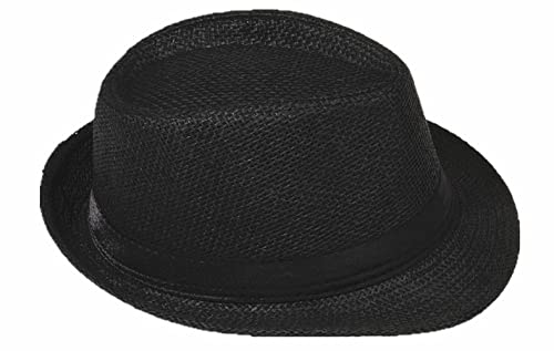 Strohhut Panama Fedora Trilby Gangster Hut Sonnenhut mit Stoffband Farbe:-Schwarz (Strohhut) Gr:-54 von Miobo