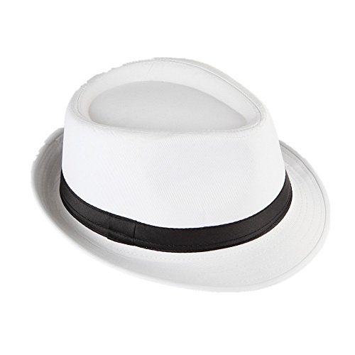 Strohhut Panama Fedora Trilby Gangster Hut Sonnenhut mit Stoffband Farbe:-Weiß (schwarz Band) Gr:-54 von Miobo