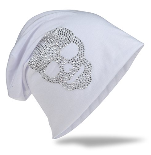 Totenkopf Strass Applikation Jersey Slouch Beanie Long Mütze Unisex Weiß von Miobo