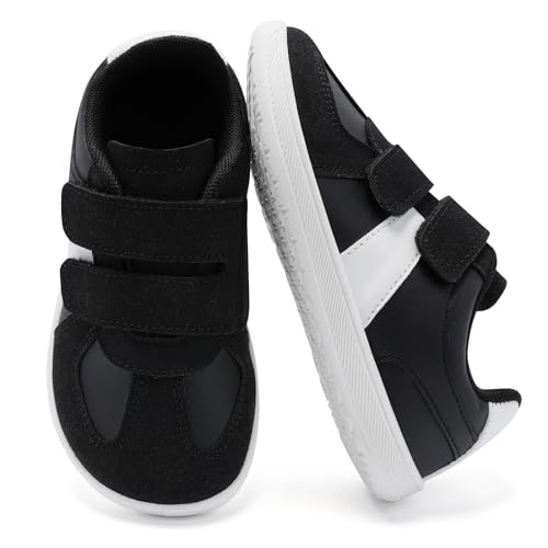 Mioceko Kinder Hausschuhe Jungen Barfußschuhe Klettverschluss rutschfest Walking Schuhe Atmungsaktiv Turnschuhe Komfort Sneakers Schwarz Weiß 25 EU von Mioceko