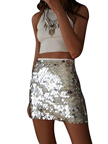 Damen Glänzende Pailletten Sommer Sexy Rock Glitzer Mini A-Linie Rock Bodycon Disco Pailletten Club Rock Bühne Performance Streetwear, A-Silber, 36 von Miolasay