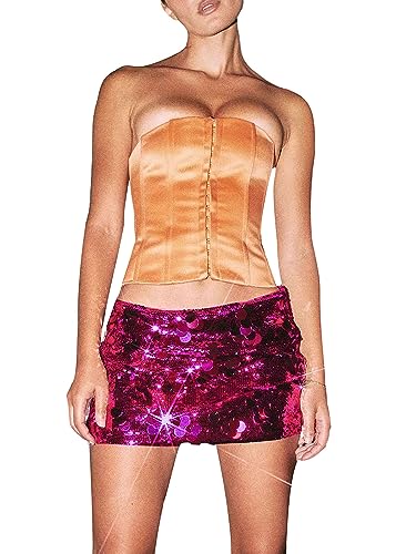 Damen Glänzende Pailletten Sommer Sexy Rock Glitzer Mini A-Linie Rock Bodycon Disco Pailletten Club Rock Bühne Performance Streetwear, D-Rose Rot, 36 von Miolasay