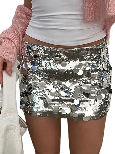 Damen Glänzende Pailletten Sommer Sexy Rock Glitzer Mini A-Linie Rock Bodycon Disco Pailletten Club Rock Bühne Performance Streetwear, D-Silver, 36 von Miolasay