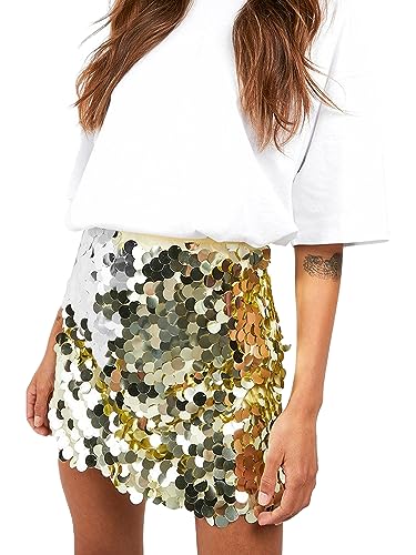 Damen Glänzende Pailletten Sommer Sexy Rock Glitzer Mini A-Linie Rock Bodycon Disco Pailletten Club Rock Bühne Performance Streetwear, E-Gold, 36 von Miolasay