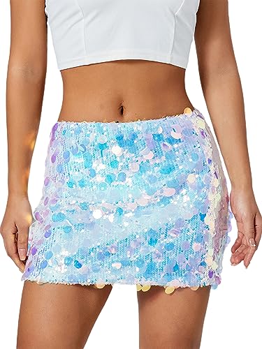 Damen Glänzende Pailletten Sommer Sexy Rock Glitzer Mini A-Linie Rock Bodycon Disco Pailletten Club Rock Bühne Performance Streetwear, F-blau Lila, 36 von Miolasay