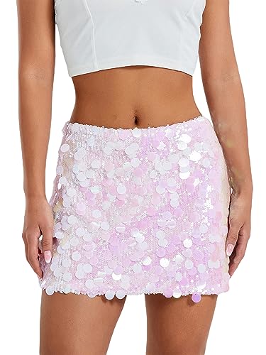 Damen Glänzende Pailletten Sommer Sexy Rock Glitzer Mini A-Linie Rock Bodycon Disco Pailletten Club Rock Bühne Performance Streetwear, F-pink, 36 von Miolasay