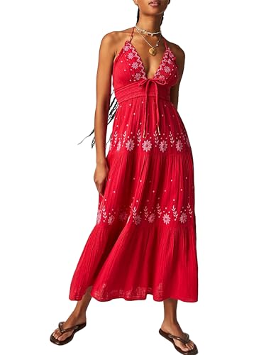 Damen-Maxikleid im Boho-Stil, fließend, Blumenstickerei, Neckholder, ärmellos, offener Rücken, rückenfrei, A-Linie, rot (a), Medium von Miolasay