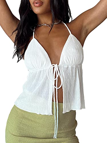 Damen Neckholder Crop Tops Y2K Open Front Slim Fit Weste Sommer Bandage Rückenfrei Ärmellos Tops Streetwear, A-weiß, M von Miolasay
