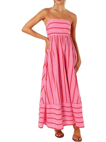 Damen-Sommerkleid mit Spaghettiträgern, fließendes, gesmoktes Midikleid, RIC Rac, ärmellos, rückenfrei, Spitze, Swing-Kleid, C-pink, M von Miolasay