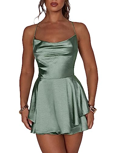 Miolasay Frauen Rückenfrei Kurz Strampler Satin Kleid Sexy Wasserfallausschnitt Kurze Jumpsuits Krawatte Rüschen Schicht Spaghetti Strap Minikleid, A-Blaugrau, 36 von Miolasay