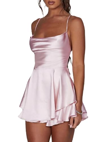 Frauen Rückenfrei Kurz Strampler Satin Kleid Sexy Wasserfallausschnitt Kurze Jumpsuits Krawatte Rüschen Schicht Spaghetti Strap Minikleid, A-Pink, 42 von Miolasay