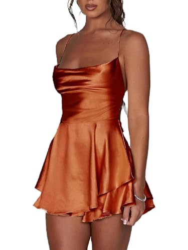 Frauen Rückenfrei Kurz Strampler Satin Kleid Sexy Wasserfallausschnitt Kurze Jumpsuits Krawatte Rüschen Schicht Spaghetti Strap Minikleid, A-braun, 36 von Miolasay