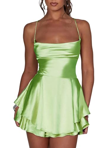 Frauen Rückenfrei Kurz Strampler Satin Kleid Sexy Wasserfallausschnitt Kurze Jumpsuits Krawatte Rüschen Schicht Spaghetti Strap Minikleid, A-light Grün, 36 von Miolasay