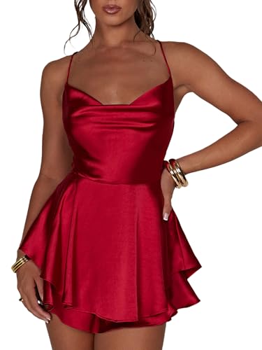 Frauen Rückenfrei Kurz Strampler Satin Kleid Sexy Wasserfallausschnitt Kurze Jumpsuits Krawatte Rüschen Schicht Spaghetti Strap Minikleid, rot (a), 36 von Miolasay