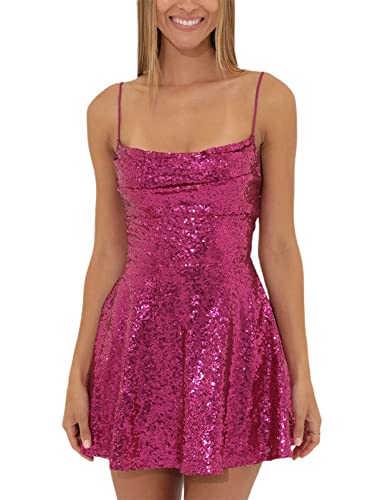 Glitzerndes Spaghettiträgerkleid für Damen, glänzende Pailletten, figurbetontes Minikleid, rückenfrei, A-Linie, Partykleid, Cocktailkleid, Streetwear, A-Rose Red, Small von Miolasay