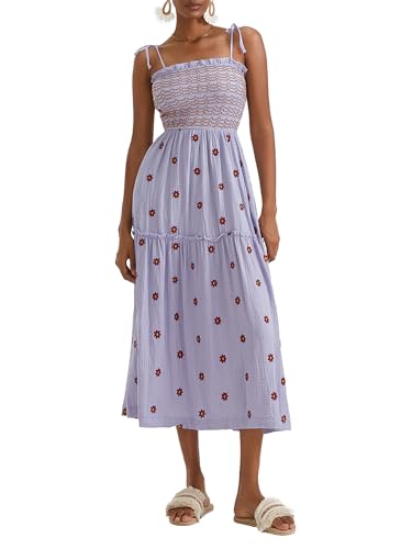 Miolasay Damen Boho A-Linie Langes Kleid Strand 3D Blume Gerafft Gestuft Tie Up Sommer Spaghettiträger Flowy Bestickt Kleid, A-light Purple, Medium von Miolasay