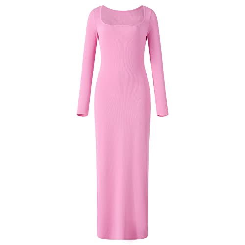 Miolasay Damen-Kleid mit quadratischem Ausschnitt, lang, weich, gerippt, figurbetont, sexy Slip-Skims-Dupes-Kleid, B-Rosa, Small von Miolasay