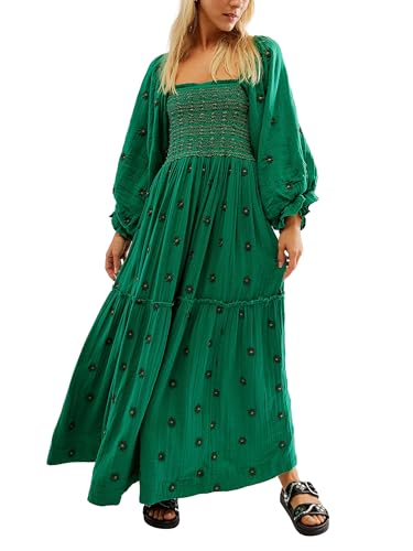 Miolasay Damen Maxikleid mit 3D-bestickten Blumen, quadratischer Ausschnitt, Puffärmel, gestuftes langes Kleid, Bohemian-Stil, rückenfrei, A-Linie, fließendes Kleid, B-dark green, Medium von Miolasay