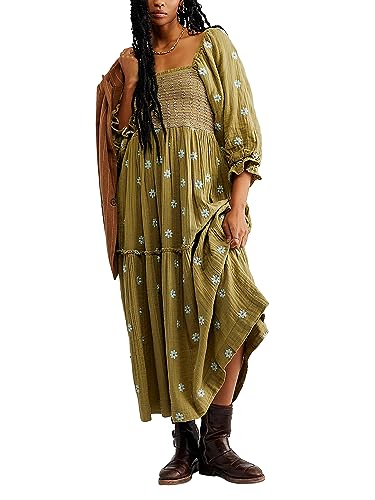 Miolasay Damen Maxikleid mit 3D-bestickten Blumen, quadratischer Ausschnitt, Puffärmel, gestuftes langes Kleid, Bohemian-Stil, rückenfrei, A-Linie, fließendes Kleid, B-grün, L von Miolasay