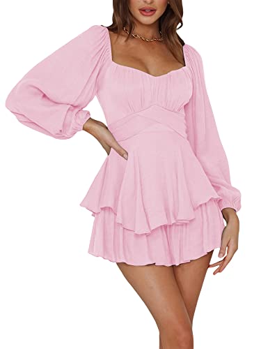 Miolasay Damen Puffkleid mit Rüschen, integrierte Shorts, Spitze, U-Boot-Ausschnitt, lange Ärmel, Volant, Body, schulterfrei, lange Ärmel, mehrlagiges, kurzes Kleid, Z-pink, Medium von Miolasay