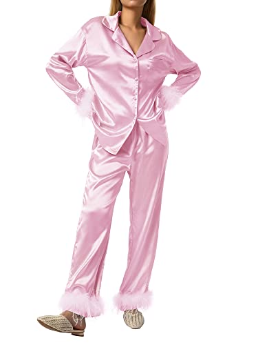 Miolasay Damen-Pyjama, Feder-Seide, Satin, Nachtwäsche, langärmelig, Knopfleiste, Reverskragen, Oberteil und Hose, Loungewear-Set, A-Pink, 46 von Miolasay