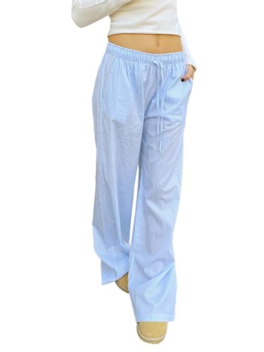 Miolasay Damen-Pyjamahose mit weitem Bein, Kordelzug, lässig, gestreift, locker, gerade, lange Hose mit Taschen, Streetwear, A-Blau, M von Miolasay