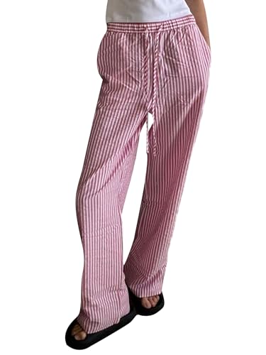 Miolasay Damen-Pyjamahose mit weitem Bein, Kordelzug, lässig, gestreift, locker, gerade, lange Hose mit Taschen, Streetwear, A-Pink, M von Miolasay