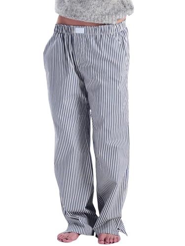 Miolasay Damen-Pyjamahose mit weitem Bein, Kordelzug, lässig, gestreift, locker, gerade, lange Hose mit Taschen, Streetwear, C-Blau, XL von Miolasay